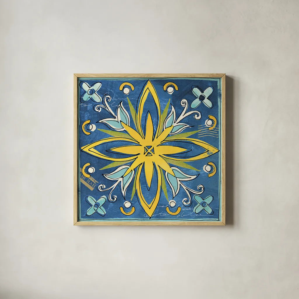 Tuscan Sun Tiles I Color by Anne Tavoletti. Shown in a natural wood glass frame for a timeless modern aesthetic. Available as an archival giclee rolled canvas, fine art paper, or poster print. SKU 15613a.