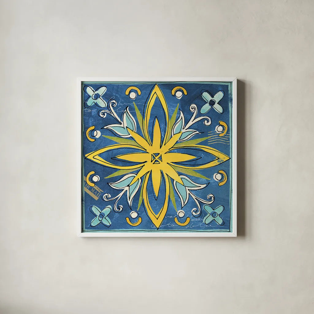 Tuscan Sun Tiles I Color by Anne Tavoletti. Shown in a crisp white glass frame for a clean and minimalist style. Available as an archival giclee rolled canvas, fine art paper, or poster print. SKU 15613a.
