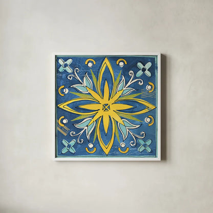 Tuscan Sun Tiles I Color by Anne Tavoletti. Shown in a crisp white glass frame for a clean and minimalist style. Available as an archival giclee rolled canvas, fine art paper, or poster print. SKU 15613a.