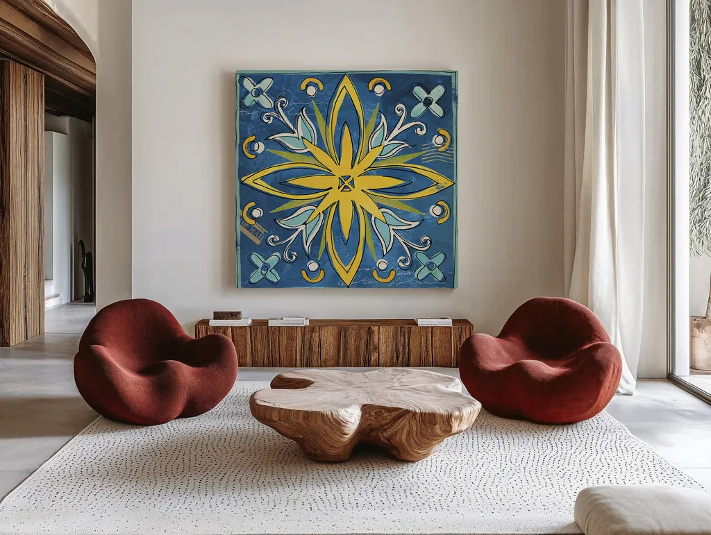 Tuscan Sun Tiles I Color by Anne Tavoletti. Shown as extra-large giant wall art in a modern living room. Available as an archival giclee rolled canvas, fine art paper, or poster print. SKU 15613a.