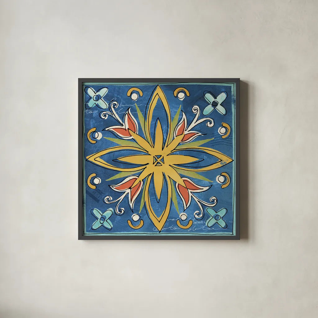 Tuscan Sun Tiles I Color Talavera by Anne Tavoletti. Shown in a sleek black glass frame for a contemporary gallery look. Available as an archival giclee rolled canvas, fine art paper, or poster print. SKU 78858a.