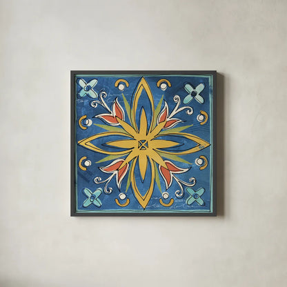 Tuscan Sun Tiles I Color Talavera by Anne Tavoletti. Shown in a sleek black glass frame for a contemporary gallery look. Available as an archival giclee rolled canvas, fine art paper, or poster print. SKU 78858a.