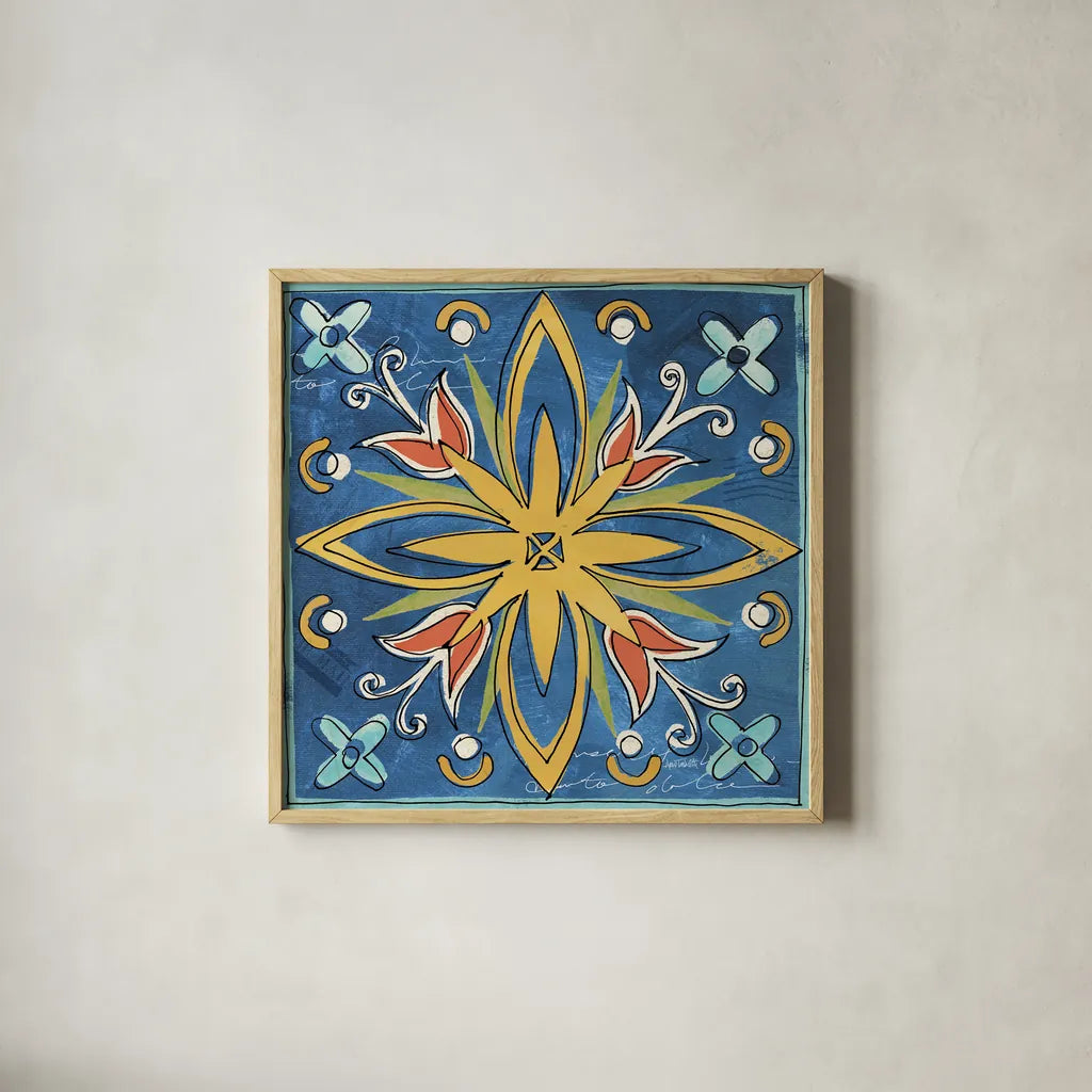 Tuscan Sun Tiles I Color Talavera by Anne Tavoletti. Shown in a natural wood glass frame for a timeless modern aesthetic. Available as an archival giclee rolled canvas, fine art paper, or poster print. SKU 78858a.
