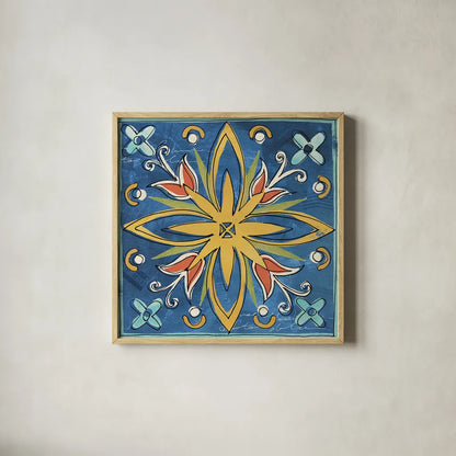 Tuscan Sun Tiles I Color Talavera by Anne Tavoletti. Shown in a natural wood glass frame for a timeless modern aesthetic. Available as an archival giclee rolled canvas, fine art paper, or poster print. SKU 78858a.