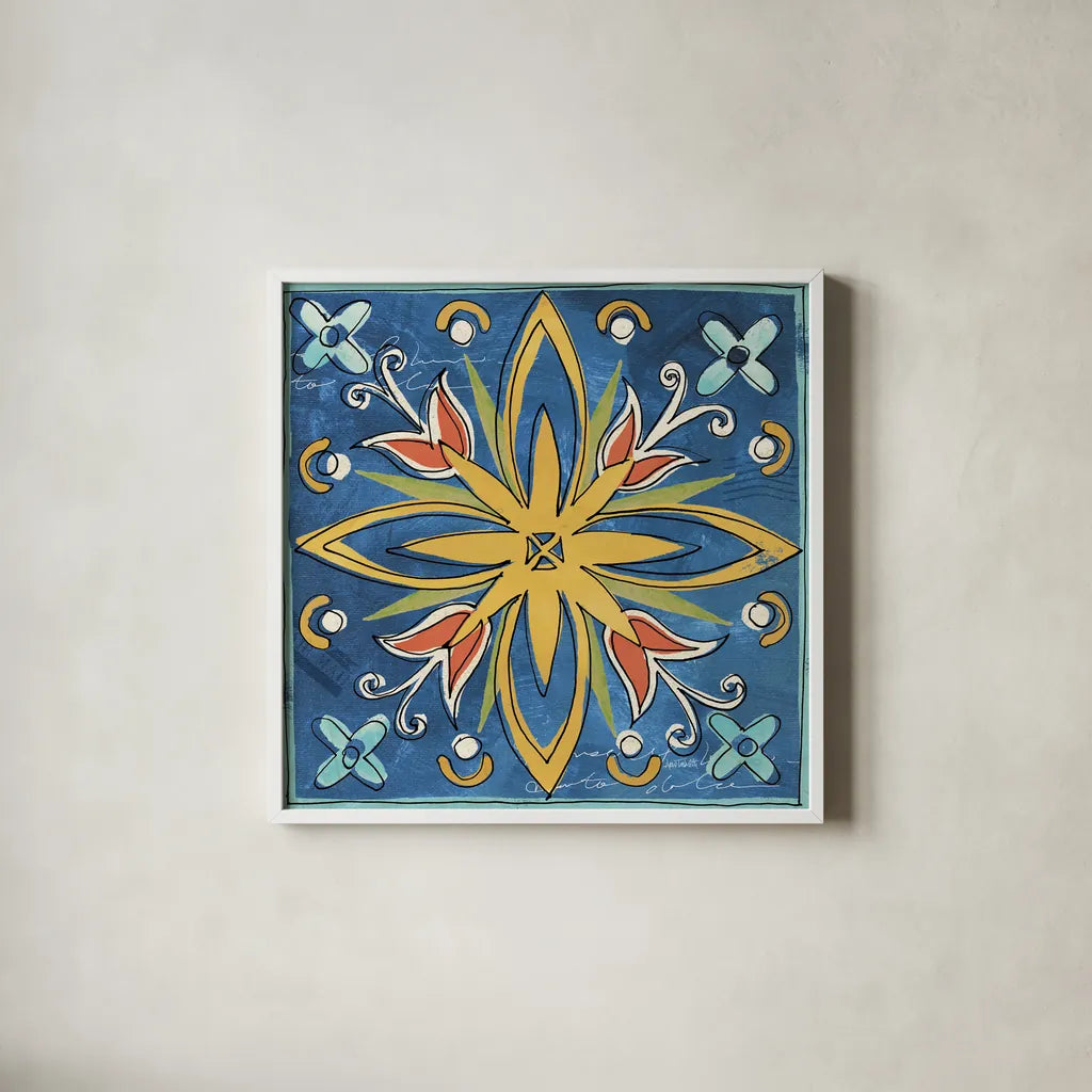 Tuscan Sun Tiles I Color Talavera by Anne Tavoletti. Shown in a crisp white glass frame for a clean and minimalist style. Available as an archival giclee rolled canvas, fine art paper, or poster print. SKU 78858a.