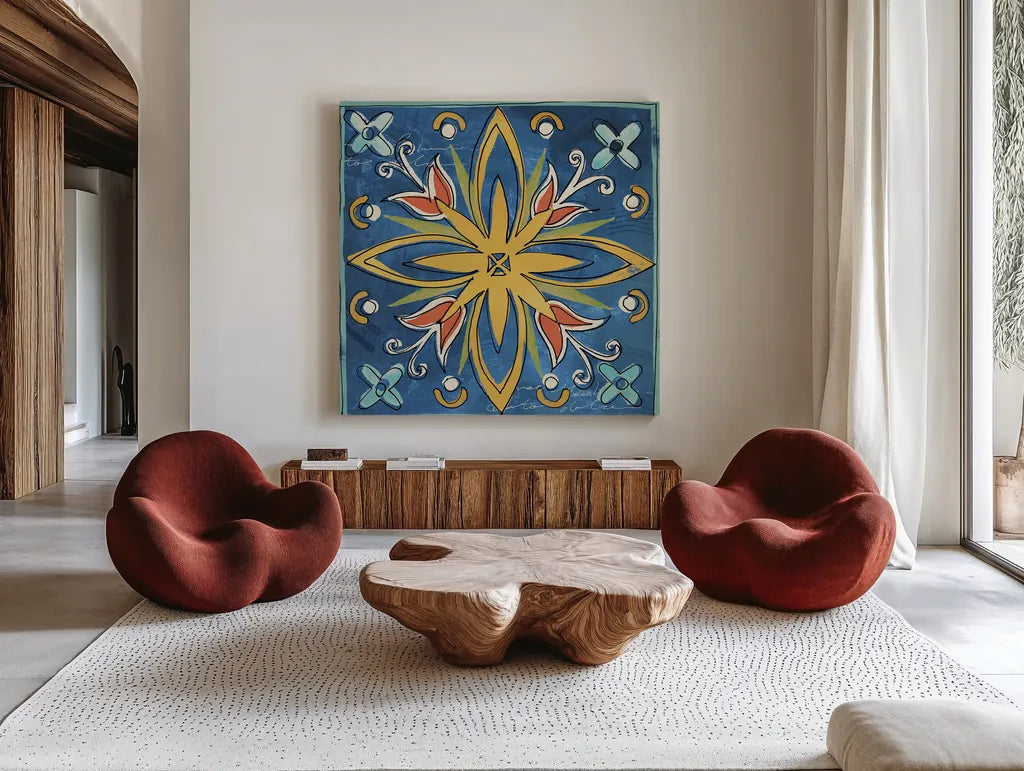 Tuscan Sun Tiles I Color Talavera by Anne Tavoletti. Shown as extra-large giant wall art in a modern living room. Available as an archival giclee rolled canvas, fine art paper, or poster print. SKU 78858a.