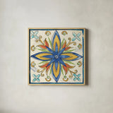 Tuscan Sun Tiles I Talavera by Anne Tavoletti. Shown in a natural wood glass frame for a timeless modern aesthetic. Available as an archival giclee rolled canvas, fine art paper, or poster print. SKU 78854a.