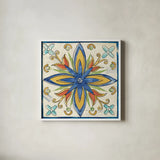 Tuscan Sun Tiles I Talavera by Anne Tavoletti. Shown in a crisp white glass frame for a clean and minimalist style. Available as an archival giclee rolled canvas, fine art paper, or poster print. SKU 78854a.