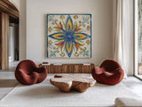 Tuscan Sun Tiles I Talavera by Anne Tavoletti. Shown as extra-large giant wall art in a modern living room. Available as an archival giclee rolled canvas, fine art paper, or poster print. SKU 78854a.