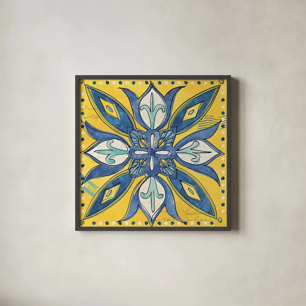 Tuscan Sun Tiles II Color by Anne Tavoletti. Shown in a sleek black glass frame for a contemporary gallery look. Available as an archival giclee rolled canvas, fine art paper, or poster print. SKU 15614a.