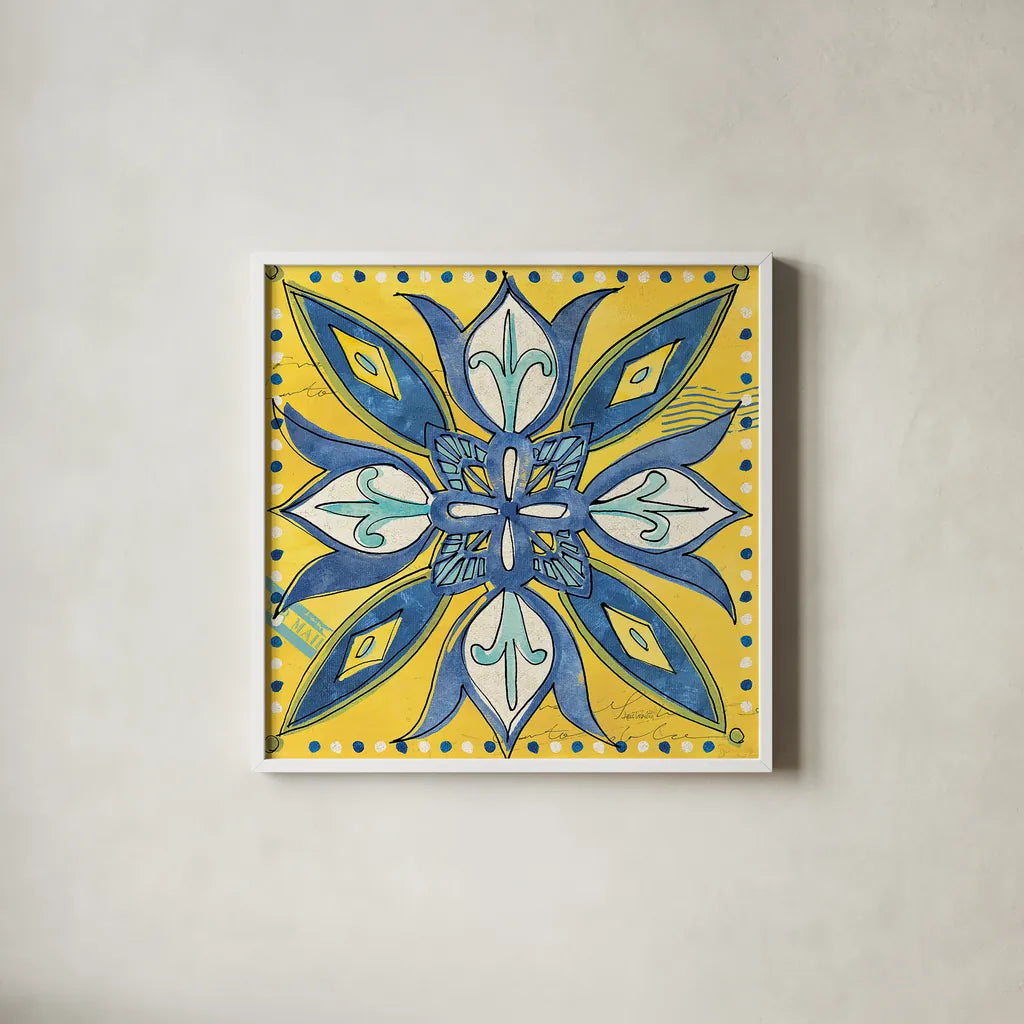 Tuscan Sun Tiles II Color by Anne Tavoletti. Shown in a crisp white glass frame for a clean and minimalist style. Available as an archival giclee rolled canvas, fine art paper, or poster print. SKU 15614a.