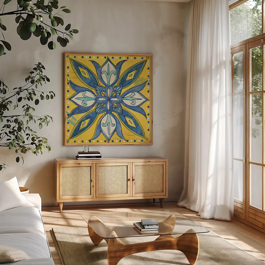 Tuscan Sun Tiles II Color by Anne Tavoletti. Shown in a natural wood frame in a cozy modern living room. Available as an archival giclee rolled canvas, fine art paper, or poster print. SKU 15614a.