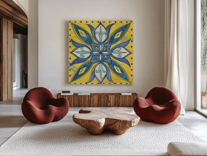 Tuscan Sun Tiles II Color by Anne Tavoletti. Shown as extra-large giant wall art in a modern living room. Available as an archival giclee rolled canvas, fine art paper, or poster print. SKU 15614a.