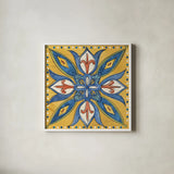 Tuscan Sun Tiles II Color Talavera by Anne Tavoletti. Shown in a crisp white glass frame for a clean and minimalist style. Available as an archival giclee rolled canvas, fine art paper, or poster print. SKU 78859a.