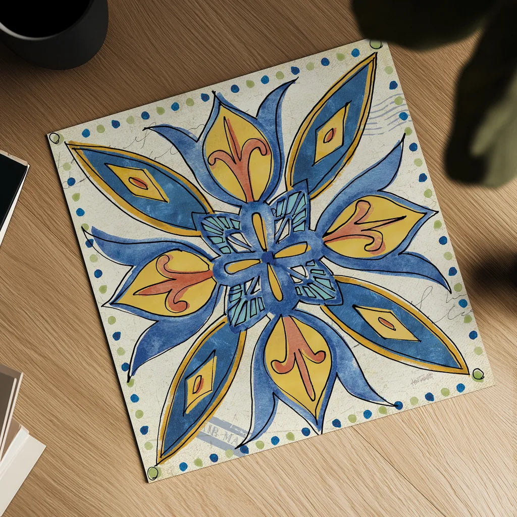 Tuscan Sun Tiles II Talavera by Anne Tavoletti. Shown as a detailed flat fine art print, highlighting archival giclee quality. Available as an archival giclee rolled canvas, fine art paper, or poster print. SKU 78855a.