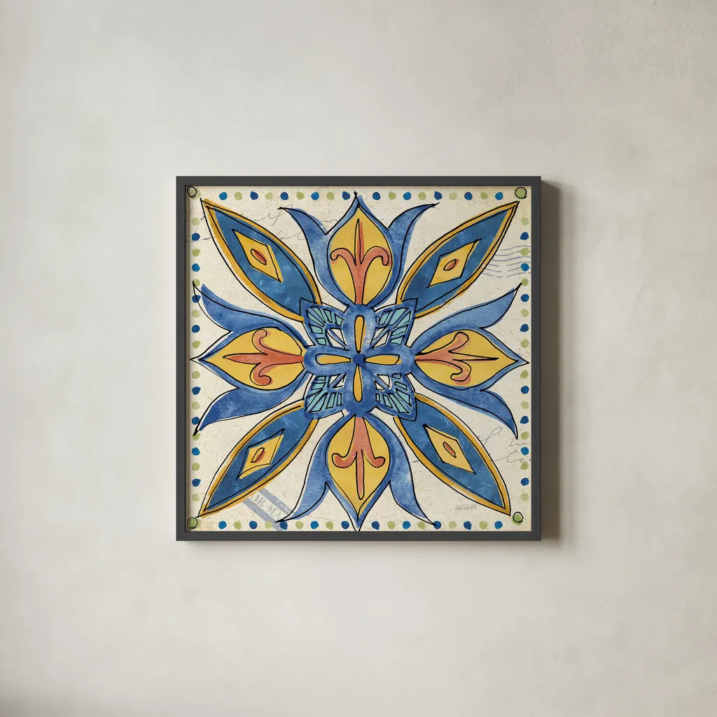 Tuscan Sun Tiles II Talavera by Anne Tavoletti. Shown in a sleek black glass frame for a contemporary gallery look. Available as an archival giclee rolled canvas, fine art paper, or poster print. SKU 78855a.