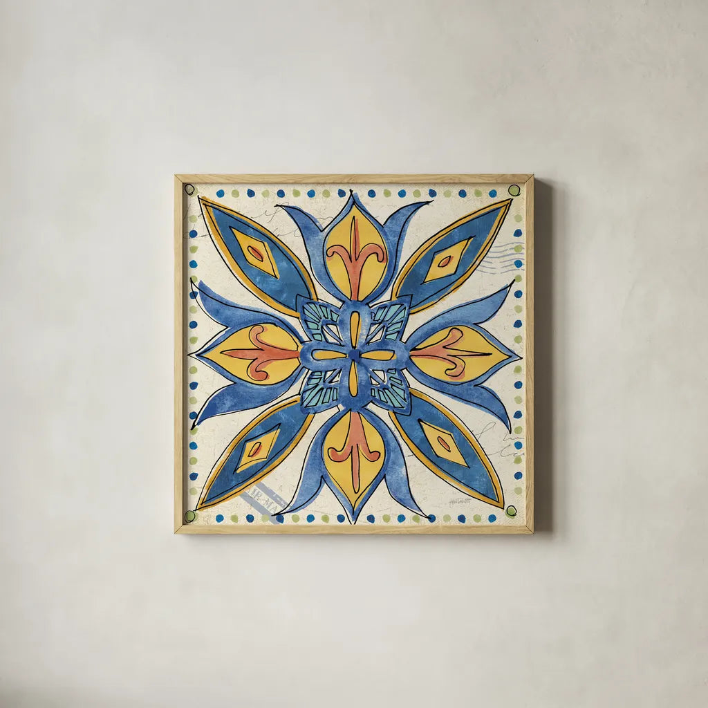 Tuscan Sun Tiles II Talavera by Anne Tavoletti. Shown in a natural wood glass frame for a timeless modern aesthetic. Available as an archival giclee rolled canvas, fine art paper, or poster print. SKU 78855a.
