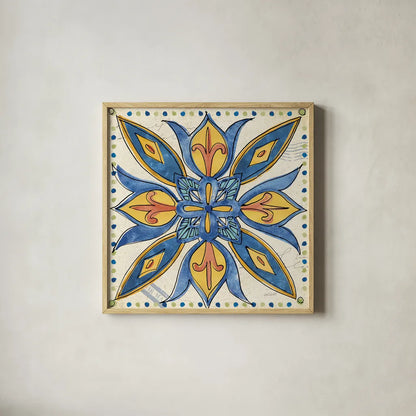 Tuscan Sun Tiles II Talavera by Anne Tavoletti. Shown in a natural wood glass frame for a timeless modern aesthetic. Available as an archival giclee rolled canvas, fine art paper, or poster print. SKU 78855a.