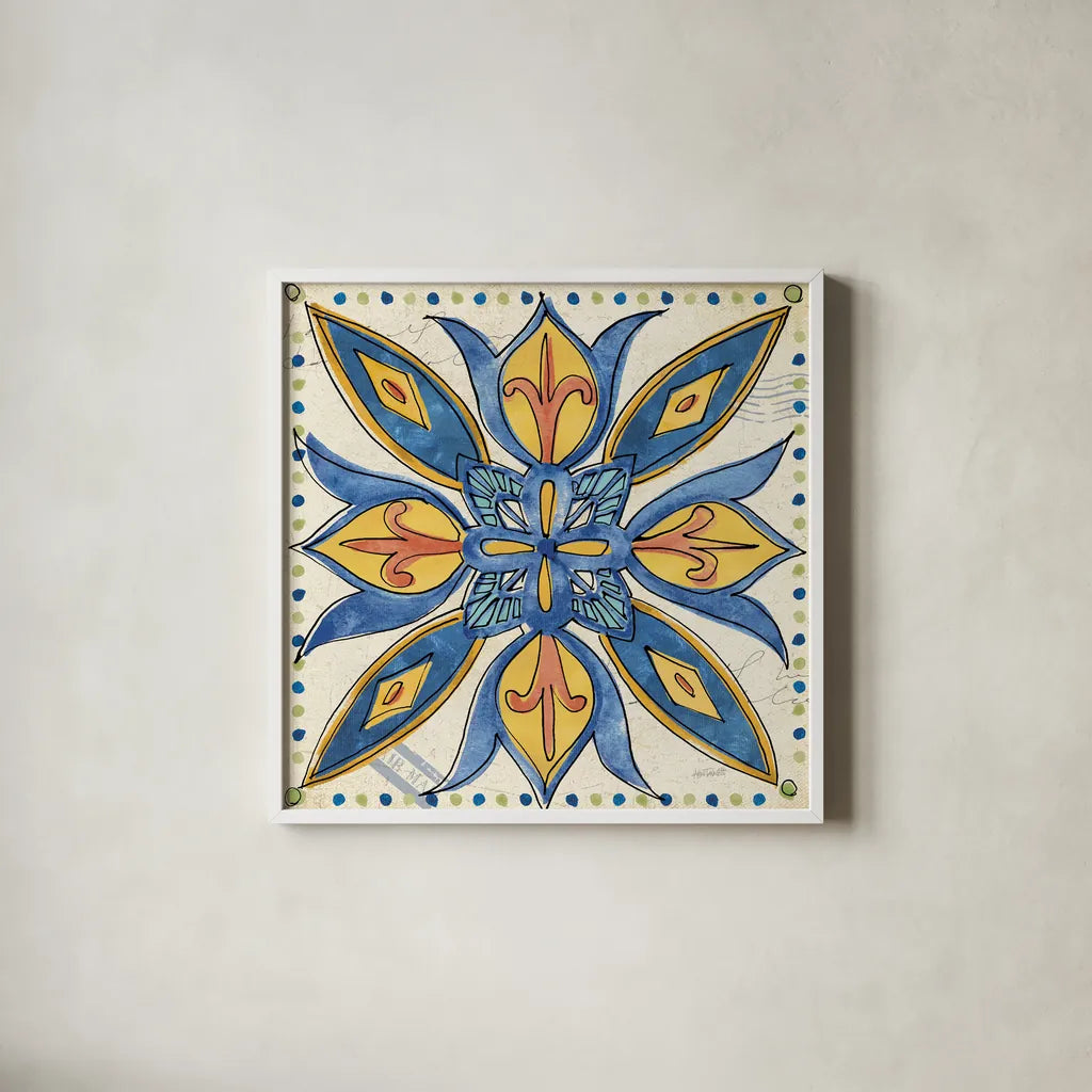 Tuscan Sun Tiles II Talavera by Anne Tavoletti. Shown in a crisp white glass frame for a clean and minimalist style. Available as an archival giclee rolled canvas, fine art paper, or poster print. SKU 78855a.