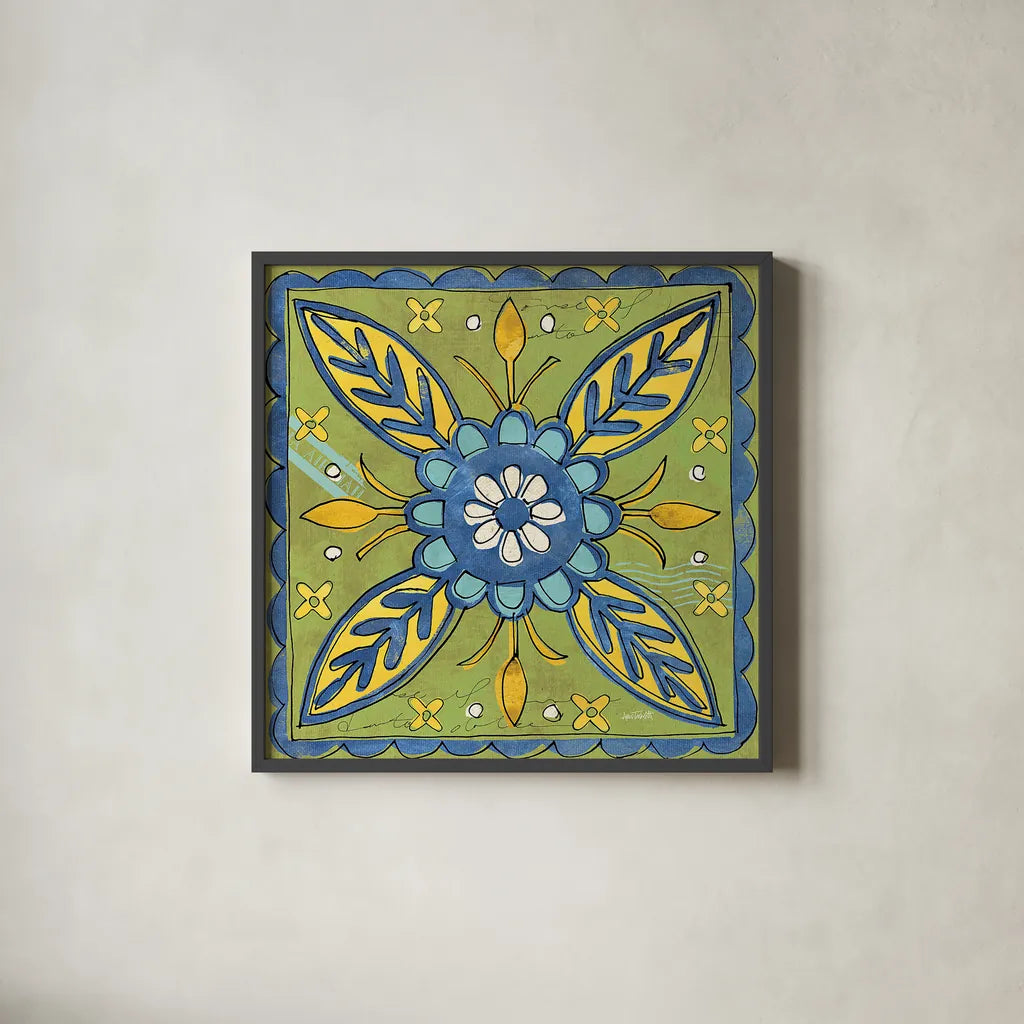 Tuscan Sun Tiles III Color by Anne Tavoletti. Shown in a sleek black glass frame for a contemporary gallery look. Available as an archival giclee rolled canvas, fine art paper, or poster print. SKU 15615a.