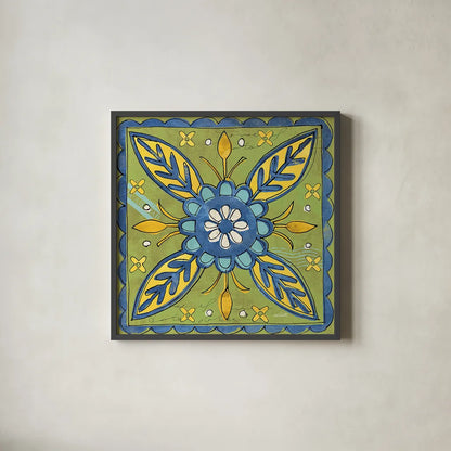 Tuscan Sun Tiles III Color by Anne Tavoletti. Shown in a sleek black glass frame for a contemporary gallery look. Available as an archival giclee rolled canvas, fine art paper, or poster print. SKU 15615a.