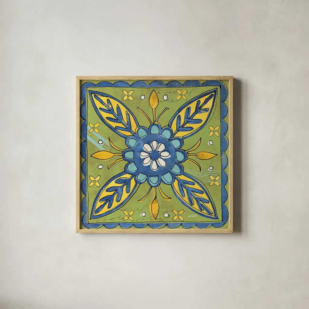 Tuscan Sun Tiles III Color by Anne Tavoletti. Shown in a natural wood glass frame for a timeless modern aesthetic. Available as an archival giclee rolled canvas, fine art paper, or poster print. SKU 15615a.