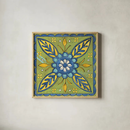 Tuscan Sun Tiles III Color by Anne Tavoletti. Shown in a natural wood glass frame for a timeless modern aesthetic. Available as an archival giclee rolled canvas, fine art paper, or poster print. SKU 15615a.