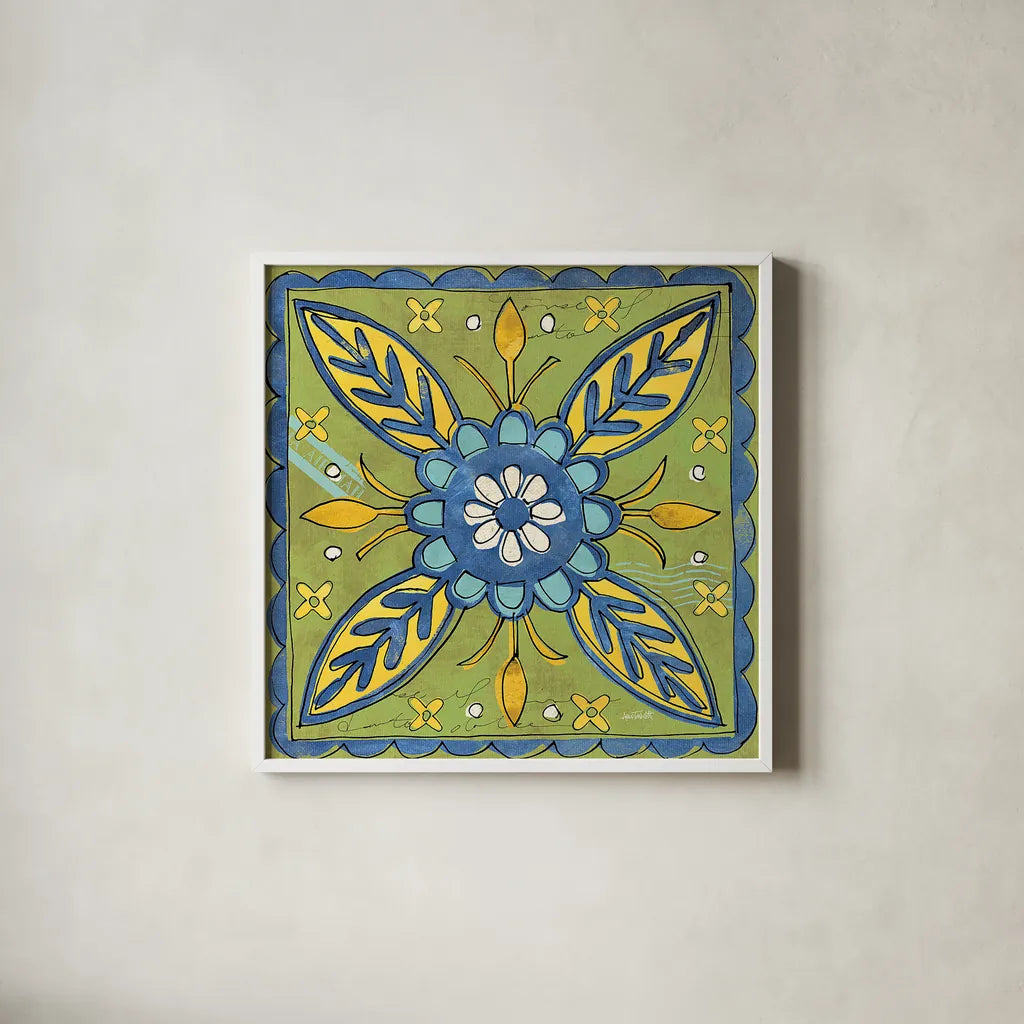 Tuscan Sun Tiles III Color by Anne Tavoletti. Shown in a crisp white glass frame for a clean and minimalist style. Available as an archival giclee rolled canvas, fine art paper, or poster print. SKU 15615a.