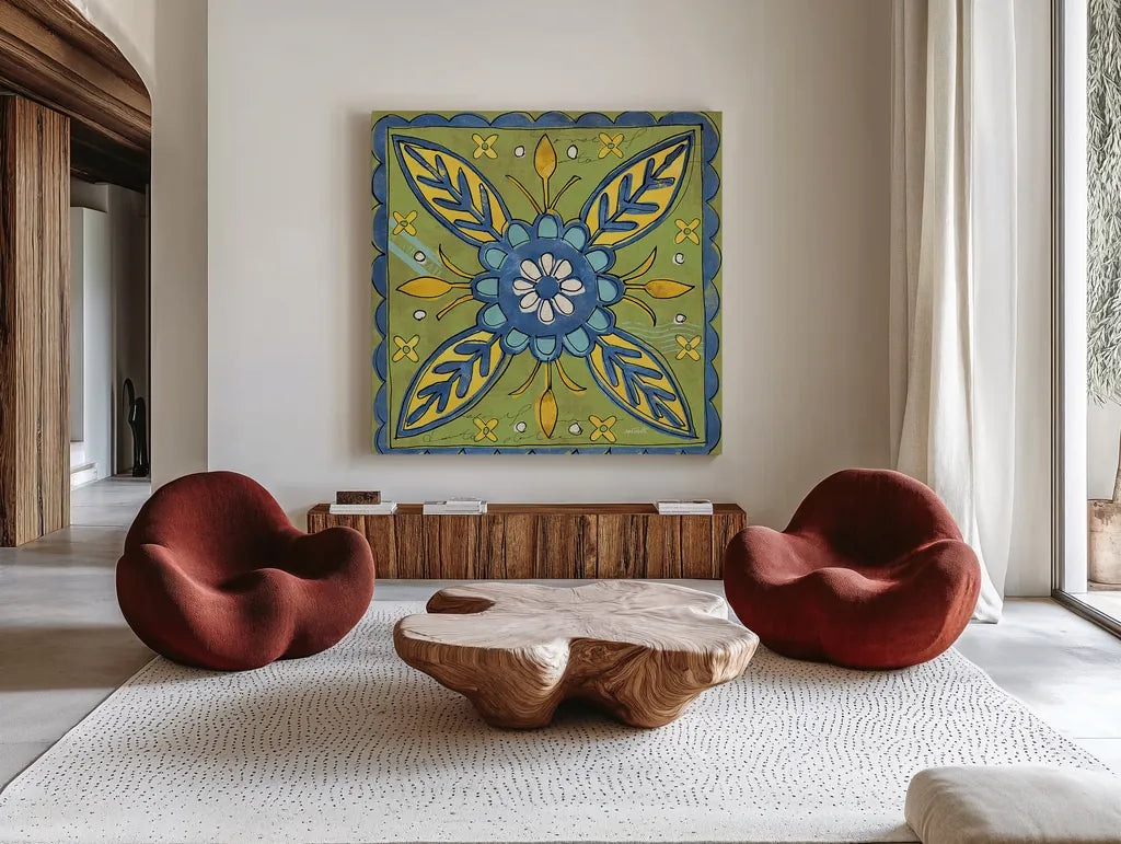 Tuscan Sun Tiles III Color by Anne Tavoletti. Shown as extra-large giant wall art in a modern living room. Available as an archival giclee rolled canvas, fine art paper, or poster print. SKU 15615a.