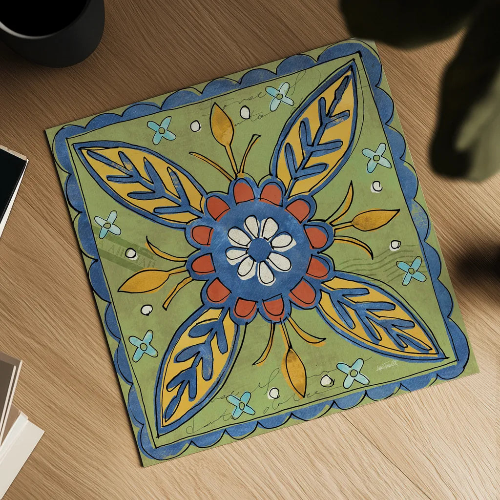 Tuscan Sun Tiles III Color Talavera by Anne Tavoletti. Shown as a detailed flat fine art print, highlighting archival giclee quality. Available as an archival giclee rolled canvas, fine art paper, or poster print. SKU 78860a.