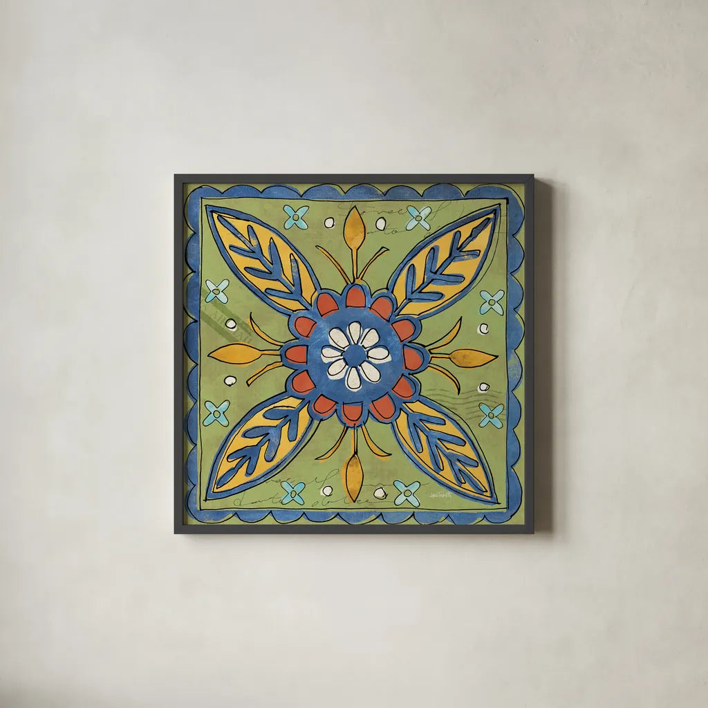 Tuscan Sun Tiles III Color Talavera by Anne Tavoletti. Shown in a sleek black glass frame for a contemporary gallery look. Available as an archival giclee rolled canvas, fine art paper, or poster print. SKU 78860a.
