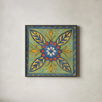 Tuscan Sun Tiles III Color Talavera by Anne Tavoletti. Shown in a sleek black glass frame for a contemporary gallery look. Available as an archival giclee rolled canvas, fine art paper, or poster print. SKU 78860a.