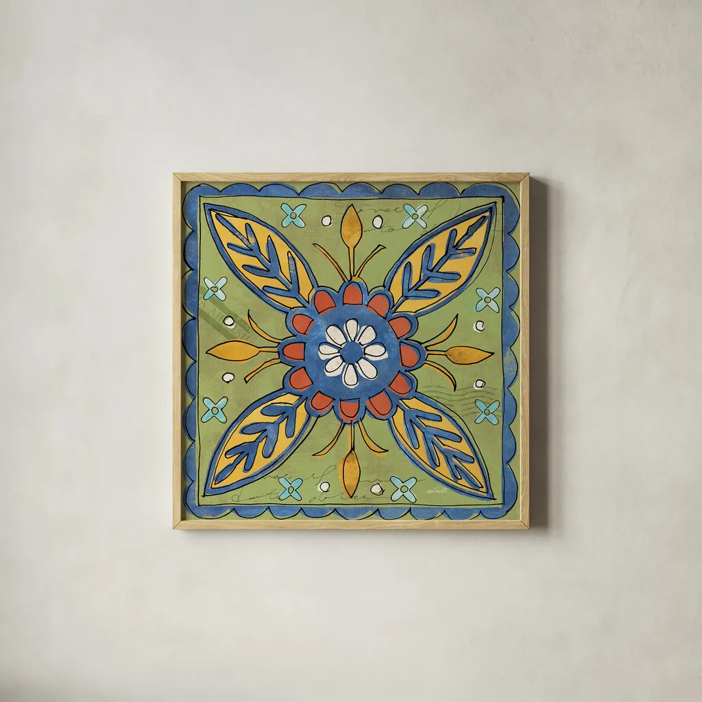 Tuscan Sun Tiles III Color Talavera by Anne Tavoletti. Shown in a natural wood glass frame for a timeless modern aesthetic. Available as an archival giclee rolled canvas, fine art paper, or poster print. SKU 78860a.