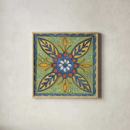 Tuscan Sun Tiles III Color Talavera by Anne Tavoletti. Shown in a natural wood glass frame for a timeless modern aesthetic. Available as an archival giclee rolled canvas, fine art paper, or poster print. SKU 78860a.