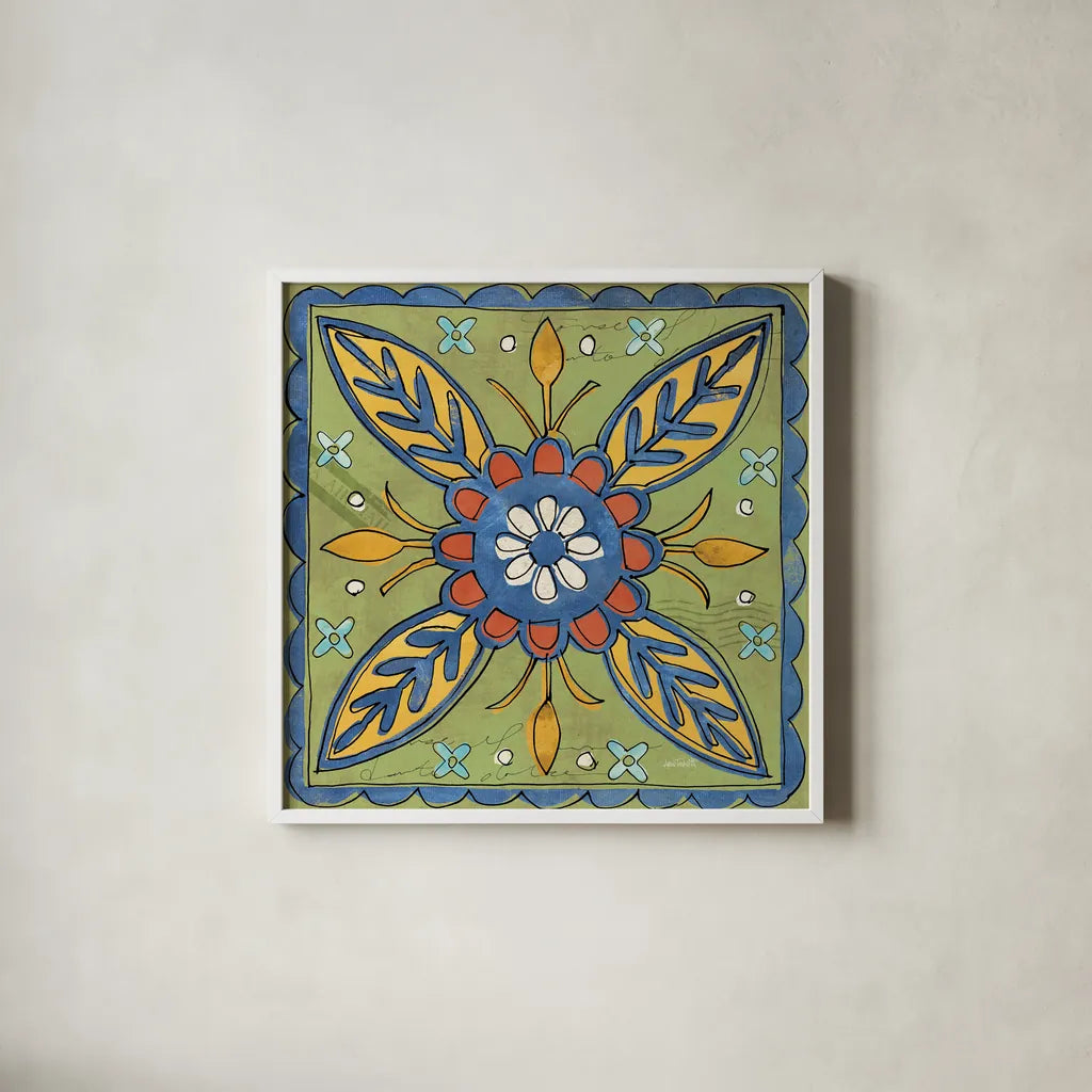 Tuscan Sun Tiles III Color Talavera by Anne Tavoletti. Shown in a crisp white glass frame for a clean and minimalist style. Available as an archival giclee rolled canvas, fine art paper, or poster print. SKU 78860a.