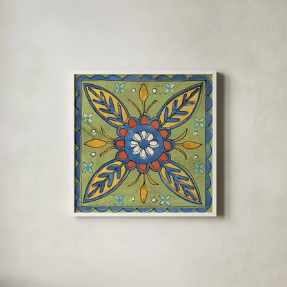 Tuscan Sun Tiles III Color Talavera by Anne Tavoletti. Shown in a crisp white glass frame for a clean and minimalist style. Available as an archival giclee rolled canvas, fine art paper, or poster print. SKU 78860a.