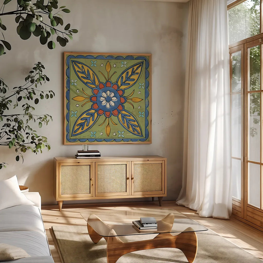 Tuscan Sun Tiles III Color Talavera by Anne Tavoletti. Shown in a natural wood frame in a cozy modern living room. Available as an archival giclee rolled canvas, fine art paper, or poster print. SKU 78860a.