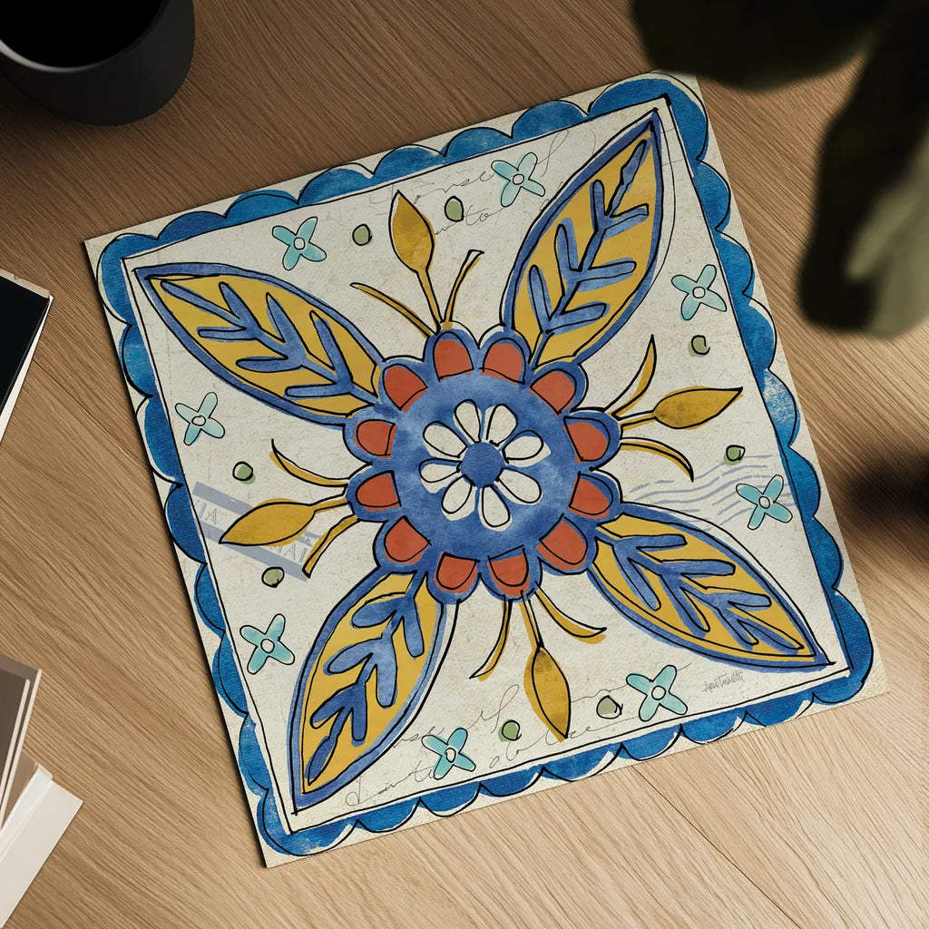 Tuscan Sun Tiles III Talavera by Anne Tavoletti. Shown as a detailed flat fine art print, highlighting archival giclee quality. Available as an archival giclee rolled canvas, fine art paper, or poster print. SKU 78856a.