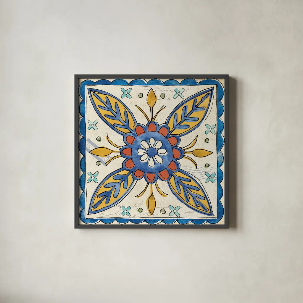 Tuscan Sun Tiles III Talavera by Anne Tavoletti. Shown in a sleek black glass frame for a contemporary gallery look. Available as an archival giclee rolled canvas, fine art paper, or poster print. SKU 78856a.