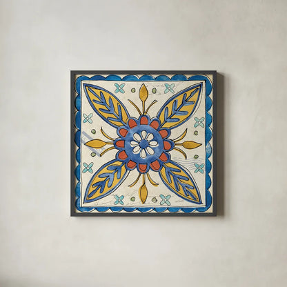 Tuscan Sun Tiles III Talavera by Anne Tavoletti. Shown in a sleek black glass frame for a contemporary gallery look. Available as an archival giclee rolled canvas, fine art paper, or poster print. SKU 78856a.