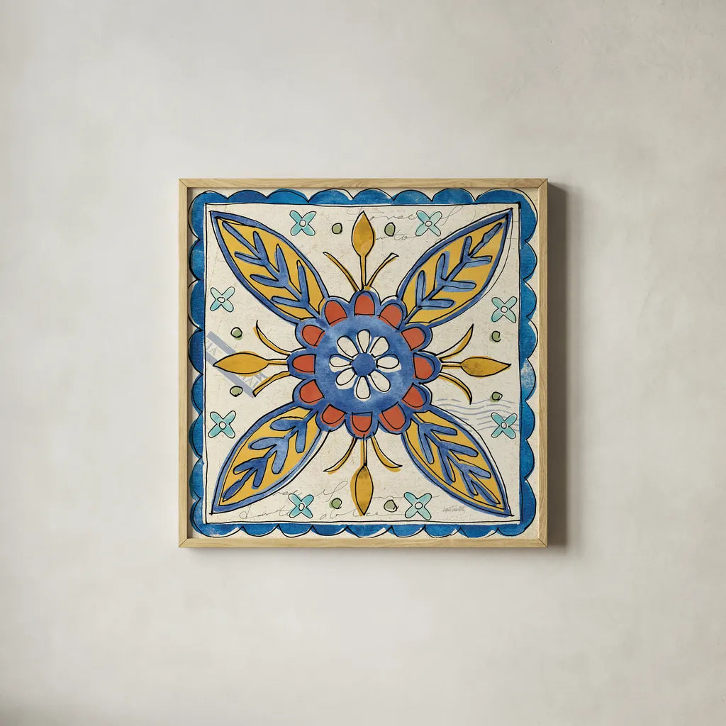 Tuscan Sun Tiles III Talavera by Anne Tavoletti. Shown in a natural wood glass frame for a timeless modern aesthetic. Available as an archival giclee rolled canvas, fine art paper, or poster print. SKU 78856a.