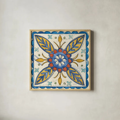Tuscan Sun Tiles III Talavera by Anne Tavoletti. Shown in a natural wood glass frame for a timeless modern aesthetic. Available as an archival giclee rolled canvas, fine art paper, or poster print. SKU 78856a.