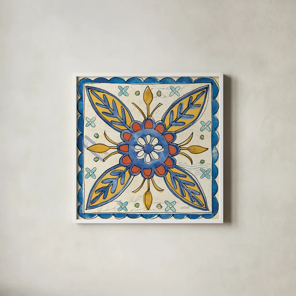 Tuscan Sun Tiles III Talavera by Anne Tavoletti. Shown in a crisp white glass frame for a clean and minimalist style. Available as an archival giclee rolled canvas, fine art paper, or poster print. SKU 78856a.