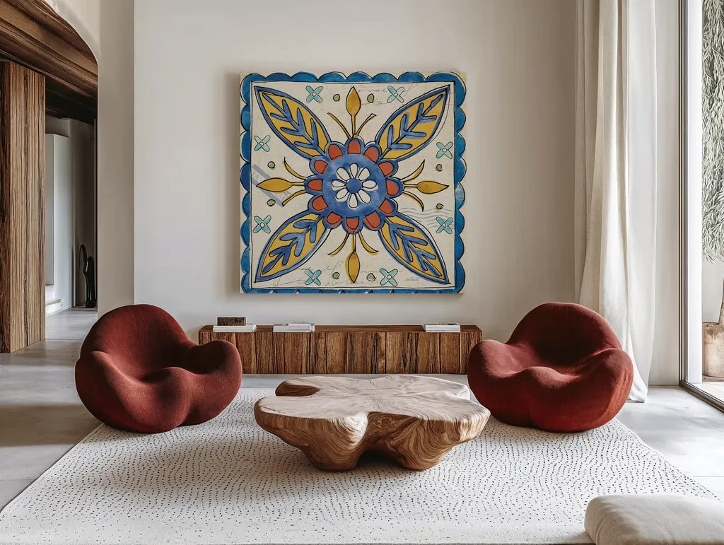 Tuscan Sun Tiles III Talavera by Anne Tavoletti. Shown as extra-large giant wall art in a modern living room. Available as an archival giclee rolled canvas, fine art paper, or poster print. SKU 78856a.
