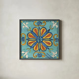 Tuscan Sun Tiles IV Color Talavera by Anne Tavoletti. Shown in a sleek black glass frame for a contemporary gallery look. Available as an archival giclee rolled canvas, fine art paper, or poster print. SKU 78861a.