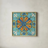 Tuscan Sun Tiles IV Color Talavera by Anne Tavoletti. Shown in a natural wood glass frame for a timeless modern aesthetic. Available as an archival giclee rolled canvas, fine art paper, or poster print. SKU 78861a.