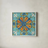 Tuscan Sun Tiles IV Color Talavera by Anne Tavoletti. Shown in a crisp white glass frame for a clean and minimalist style. Available as an archival giclee rolled canvas, fine art paper, or poster print. SKU 78861a.