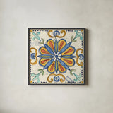 Tuscan Sun Tiles IV Talavera by Anne Tavoletti. Shown in a sleek black glass frame for a contemporary gallery look. Available as an archival giclee rolled canvas, fine art paper, or poster print. SKU 78857a.