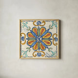 Tuscan Sun Tiles IV Talavera by Anne Tavoletti. Shown in a natural wood glass frame for a timeless modern aesthetic. Available as an archival giclee rolled canvas, fine art paper, or poster print. SKU 78857a.