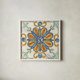 Tuscan Sun Tiles IV Talavera by Anne Tavoletti. Shown in a crisp white glass frame for a clean and minimalist style. Available as an archival giclee rolled canvas, fine art paper, or poster print. SKU 78857a.